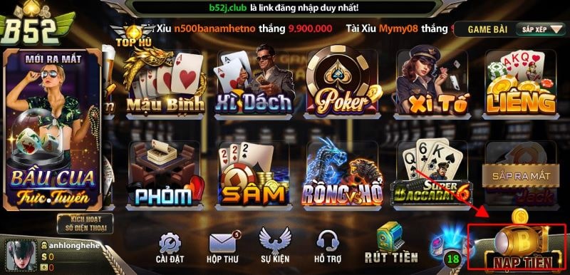 Nạp tiền vào tài khoản để tham gia chơi game