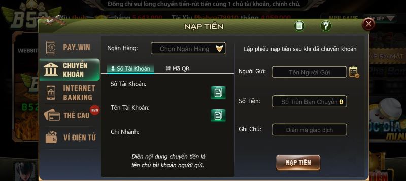 Nạp tiền hợp lệ để tham gia chơi tài xỉu